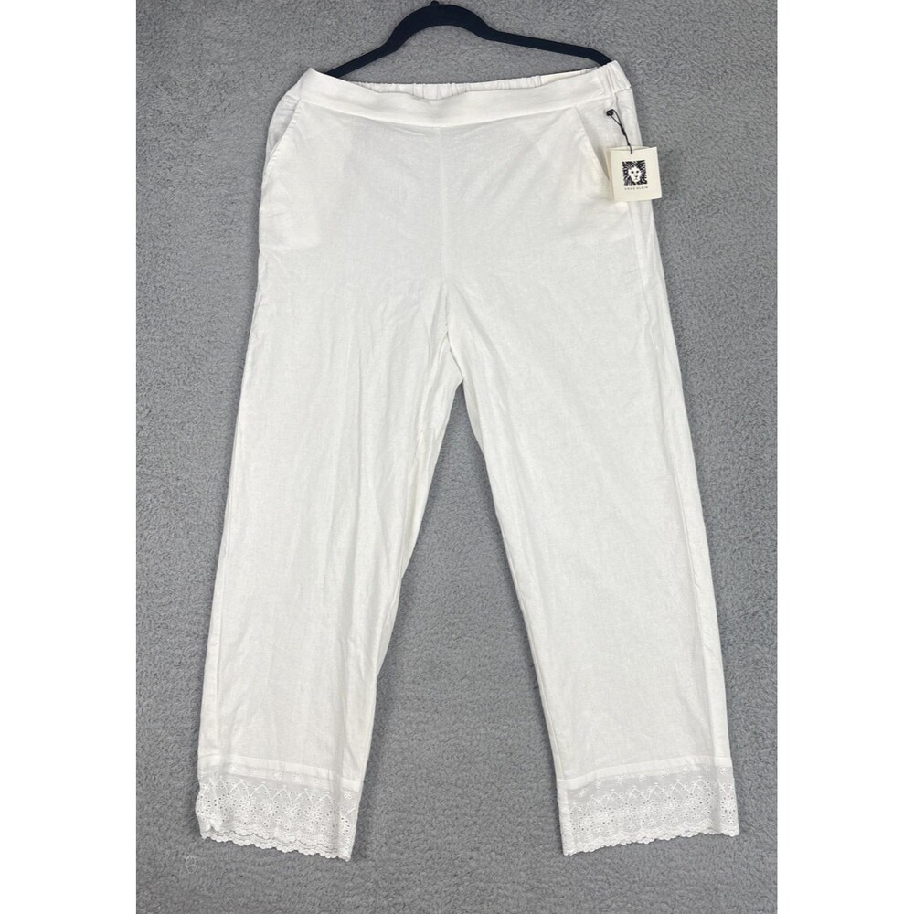 NWT Anne Klein Size M White Linen Blend Eyelet Embellished Lace Crop Ankle Pants